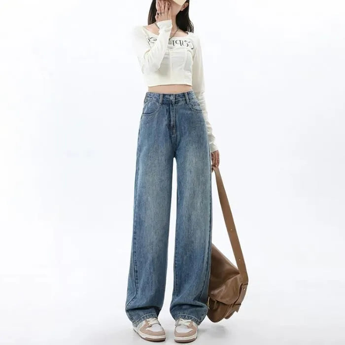 Women's high waist wide leg jeans in retro blue denim with straight leg silhouette