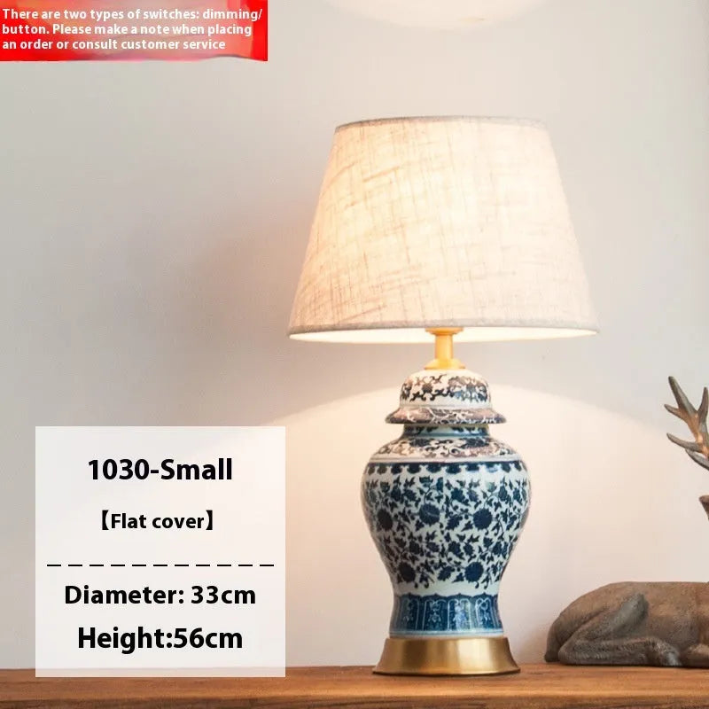 Chinese blue and white porcelain table lamp with handmade ceramic shade and copper base