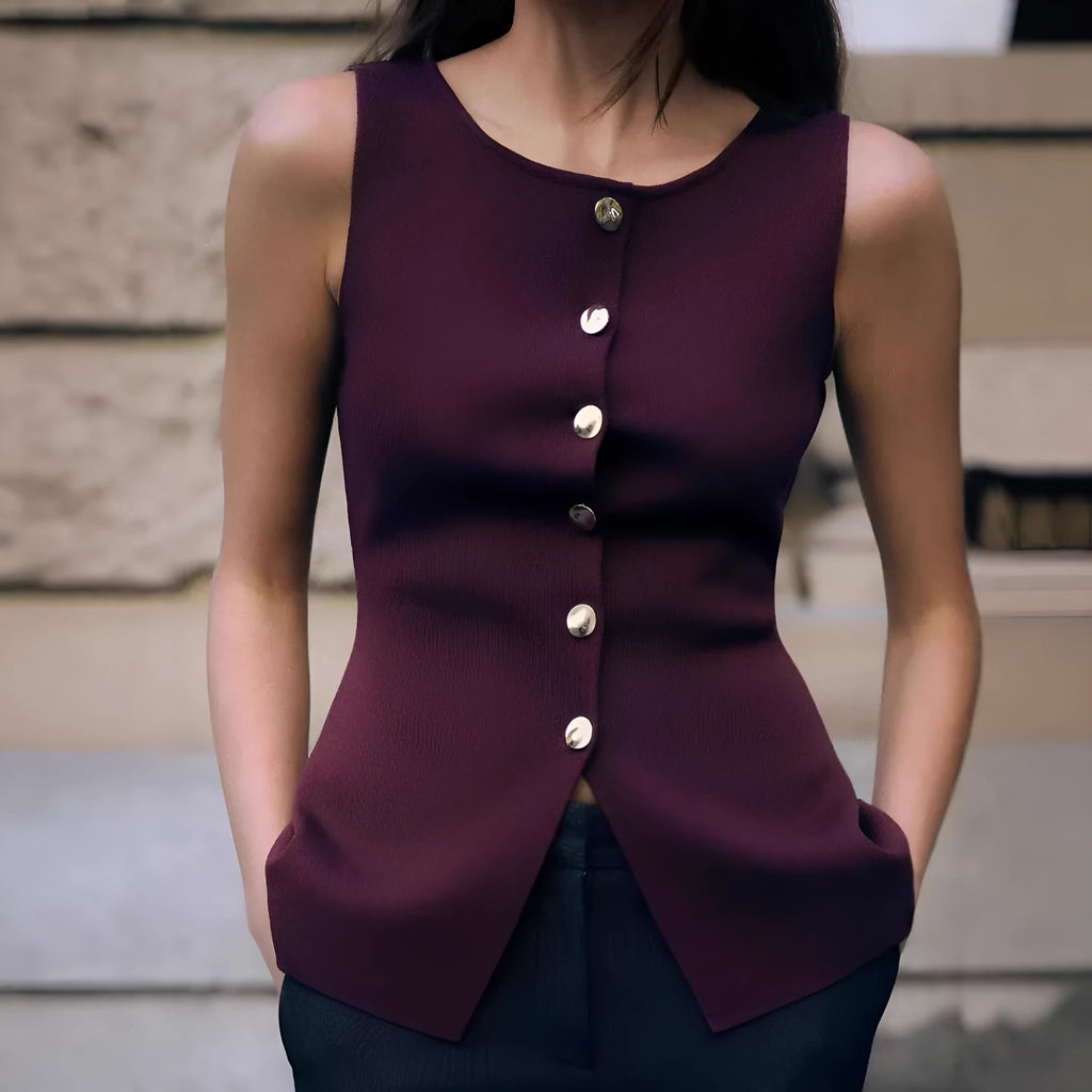 Dark red slim fit sleeveless sweater vest with gold buttons and a 3D pattern.