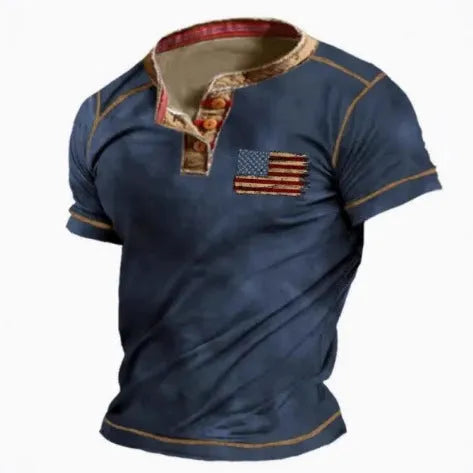 Men's blue polyester short sleeve polo shirt with a lapel button on a hanger.