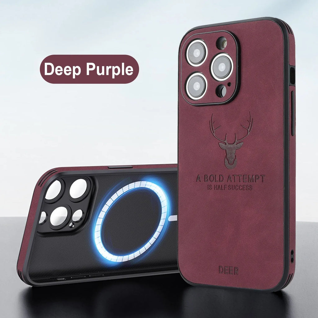 iPhone 16 series phone case with embossed moose head design in imitation leather, shown in multiple colour options.