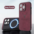 iPhone 16 series phone case with embossed moose head design in imitation leather, shown in multiple colour options.