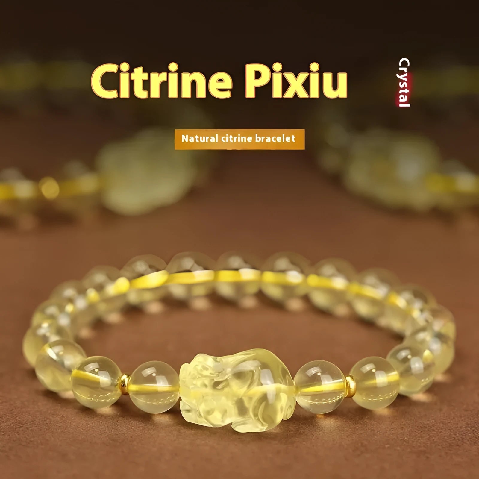 Yellow leather cord Citrine Pi Xiu bracelet with Chinese charm in 6mm, 8mm, or 10mm size.