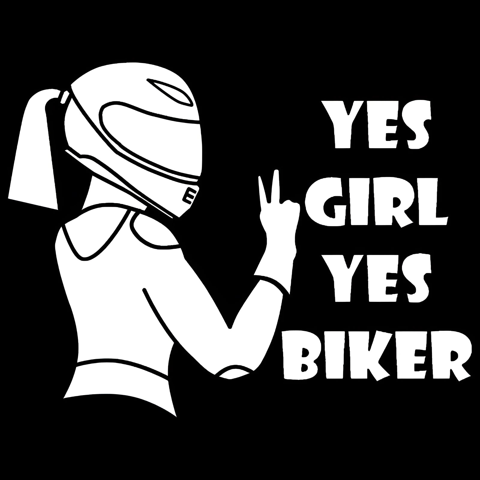 Waterproof car sticker with girl rider motorcycle pattern in black, white, and laser colours measuring 16cm by 15cm