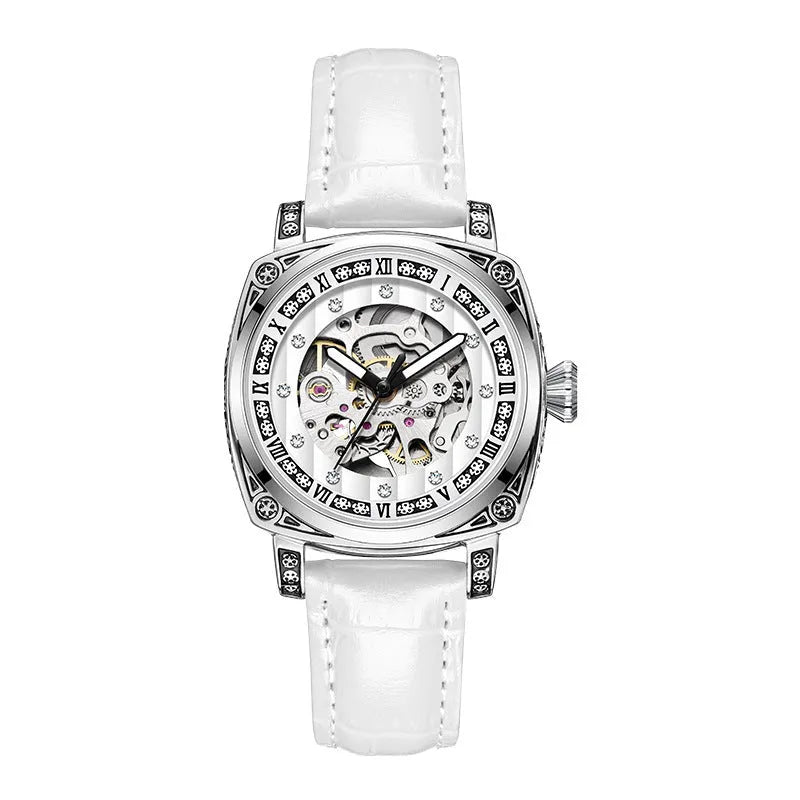 Leather strap mechanical watch with luminous hands showing black dial option