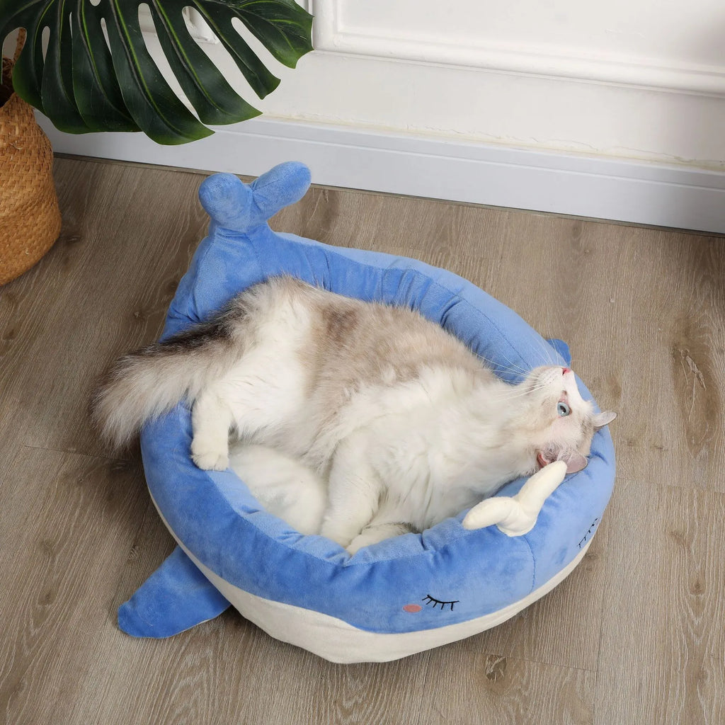 Duck-shaped fluffy pet bed for small dogs and cats in blue or white
