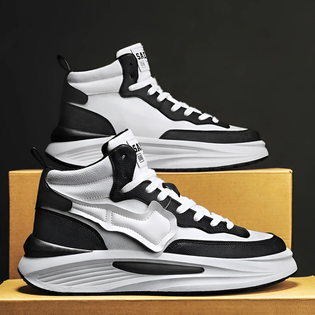 Men's black and white platform high-top board shoes with round toe and wear-resistant PU upper