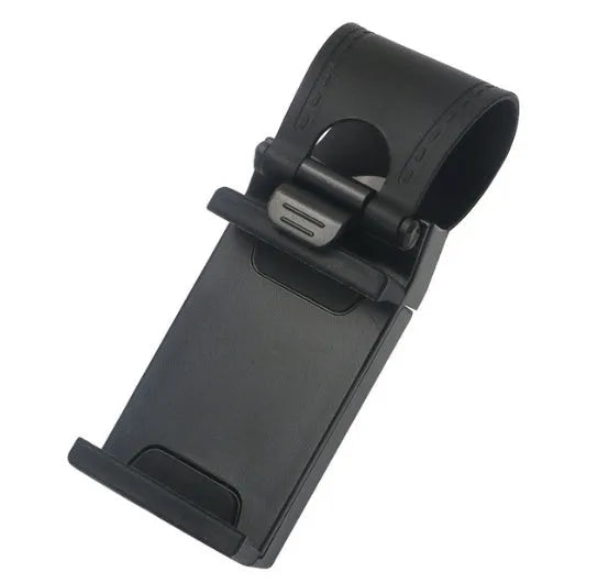 Black car steering wheel clip mount holding mobile phone for hands-free navigation