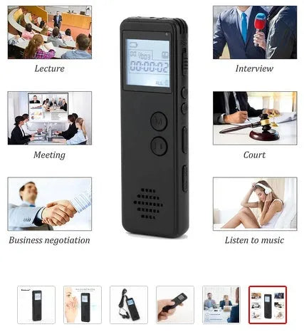 Black digital voice recorder with broken code screen measuring 88mm × 33mm × 12.5mm