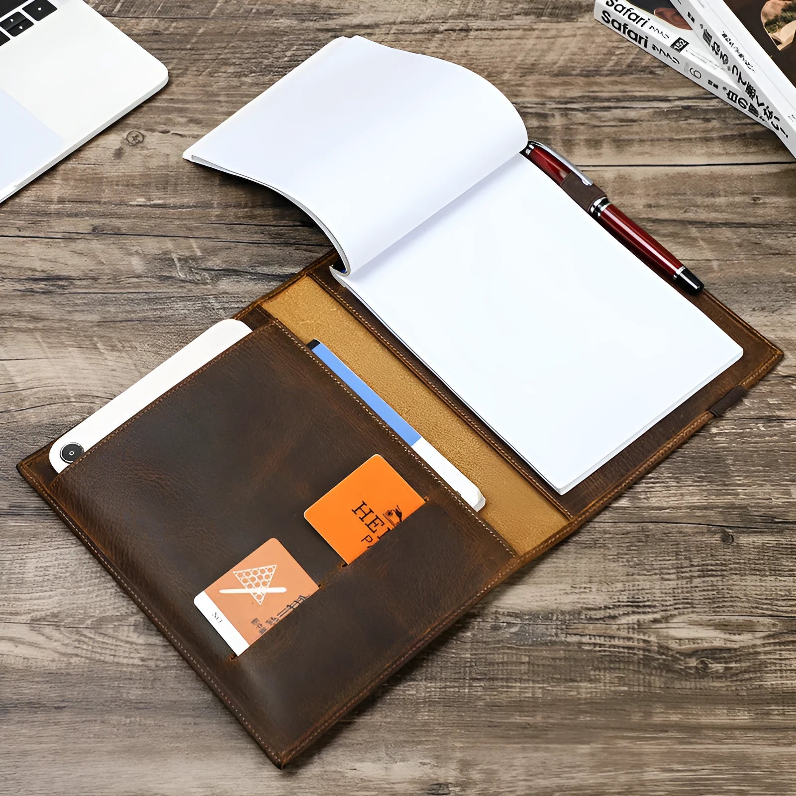Brown Crazy Horse leather notebook protective sleeve for A5 paper with square socket design
