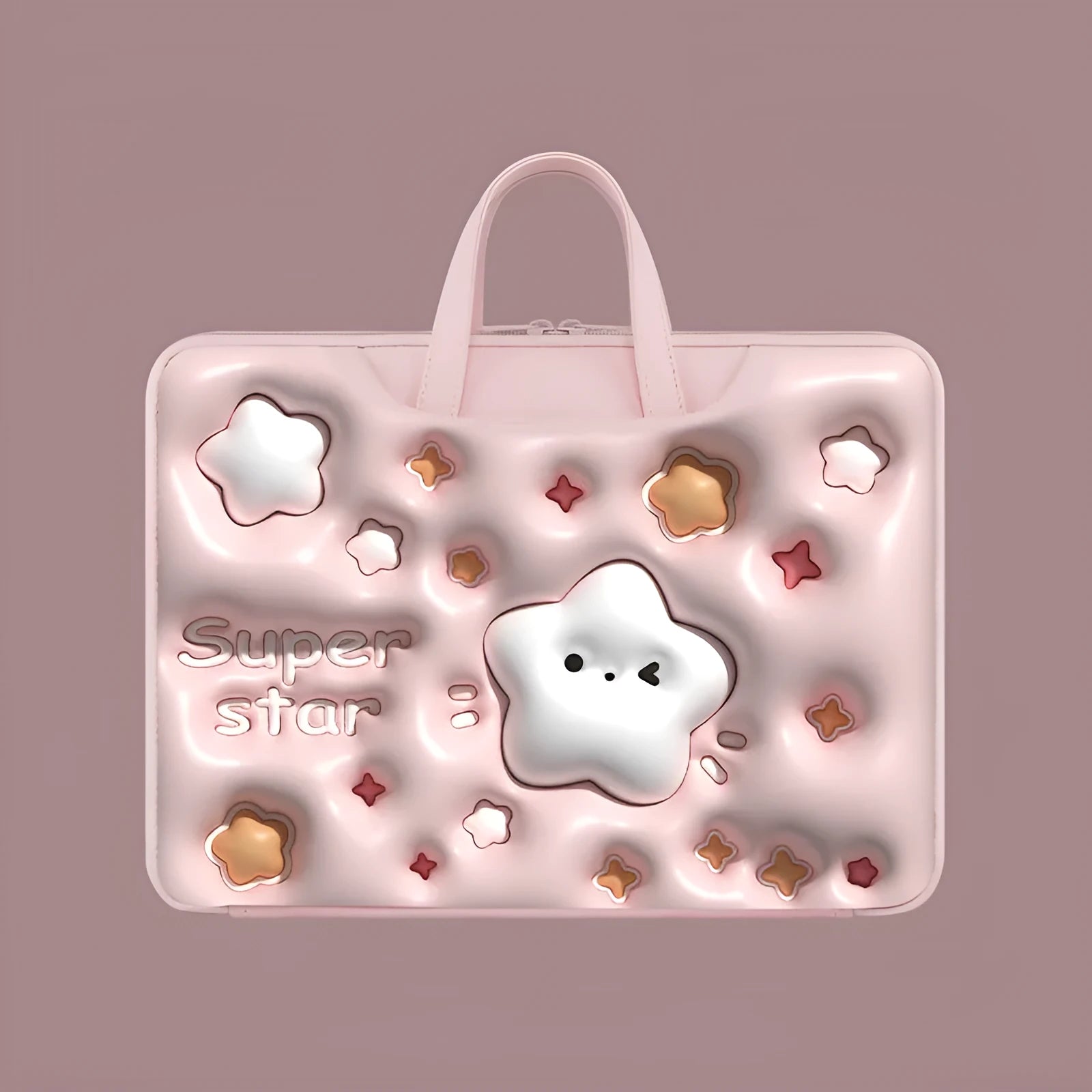 Inflatable PU leather laptop bag with cartoon print hanging from a suitcase handle