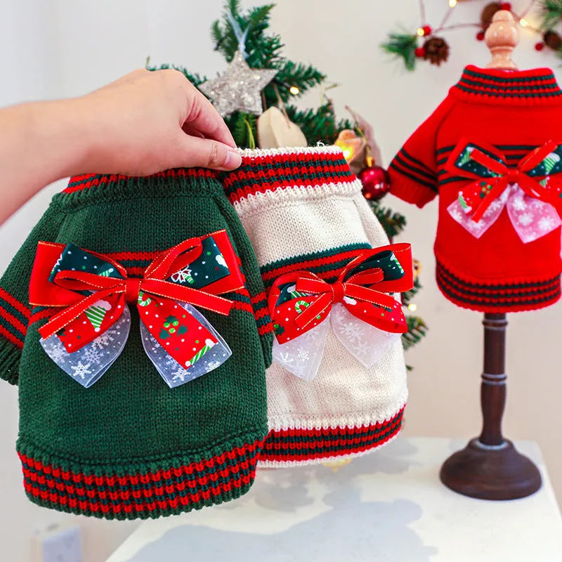 Red and green dog Christmas sweater festive pet clothing on a small dog