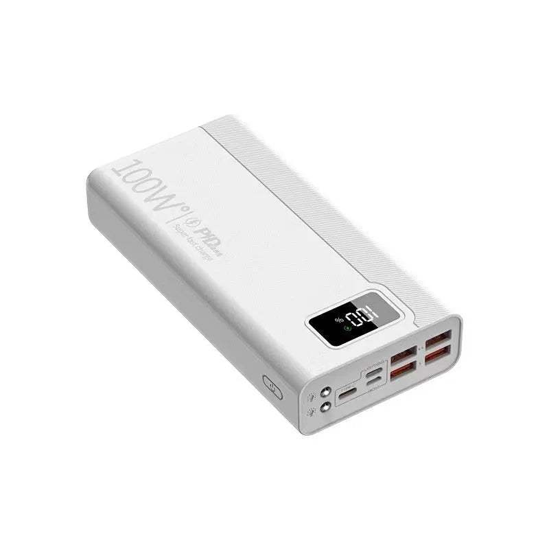 Black and white large capacity power bank with fast charging, showing size comparison