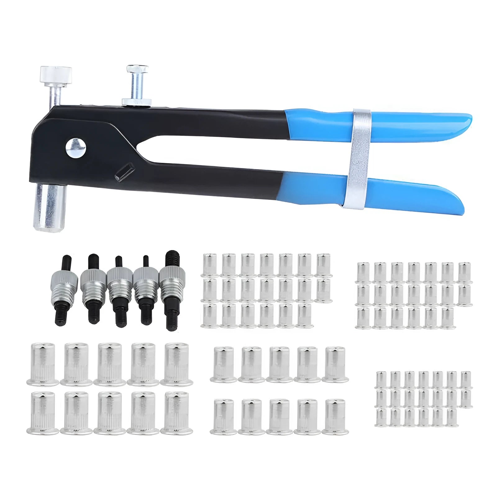 Manual alloy steel riveter nut gun set with stainless steel mandrels from 86pc or 106pc kit