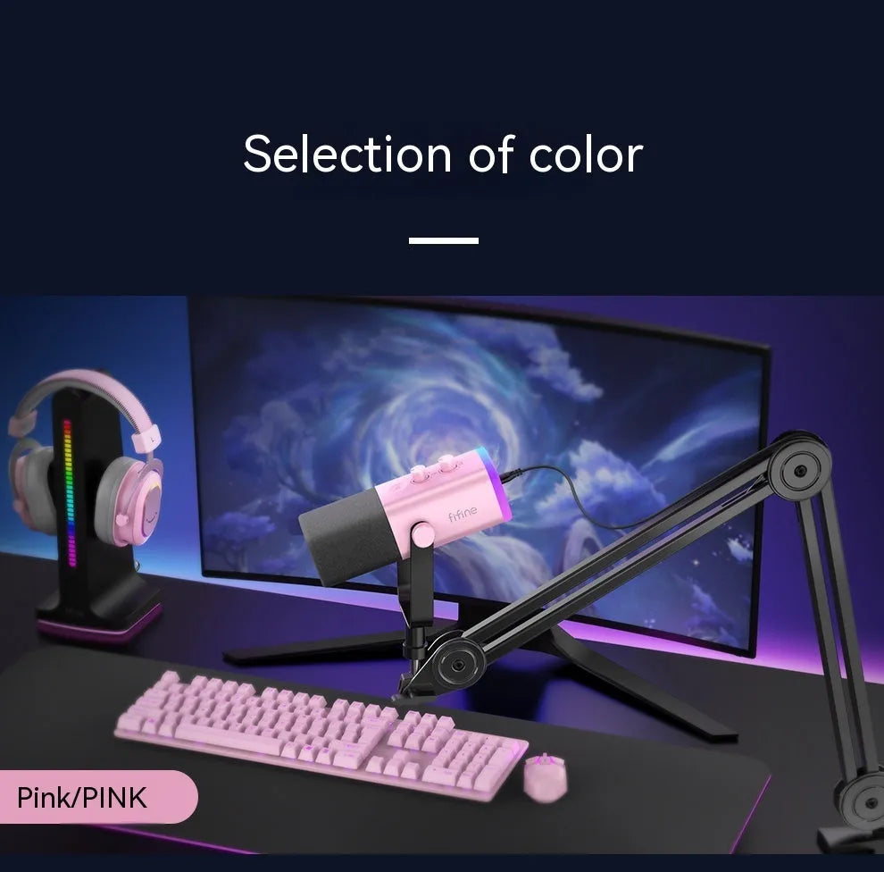 Dynamic cardioid microphone in black with USB-C cable, XLR cable, and adjustable desktop stand