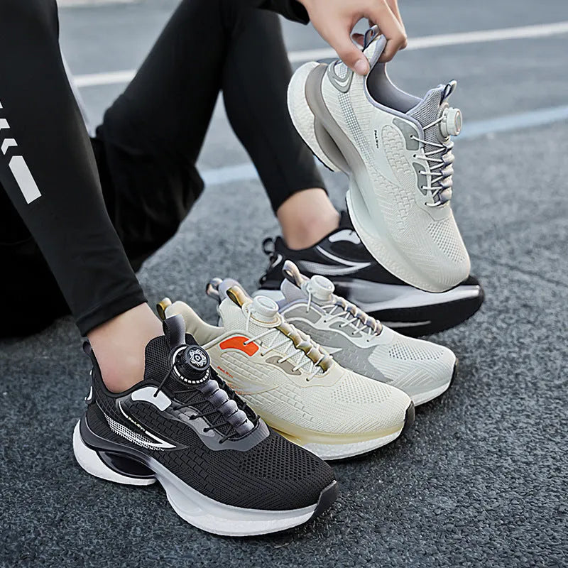 Men's low-top sports shoes with a rotating buckle closure and mesh uppers in a solid colour.