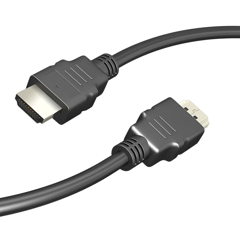 Black HDMI cable with nickel-plated connectors for connecting a set-top box to a television.