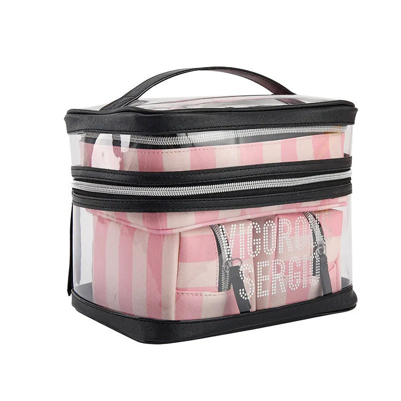 Professional pink striped makeup bag with floral pattern and folding design for cosmetic organisation