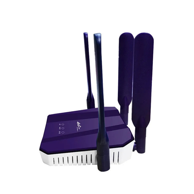 Blue 4G dual-mode router with four antennas showing front panel and connectivity ports