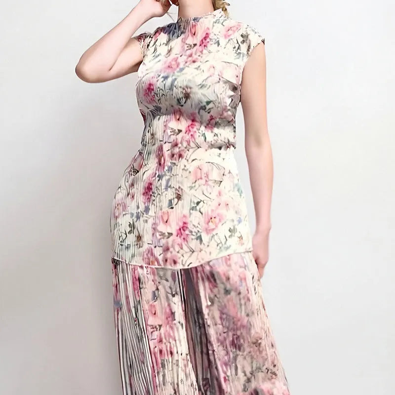 Women's printed chiffon dress with long sleeves and high waist styling