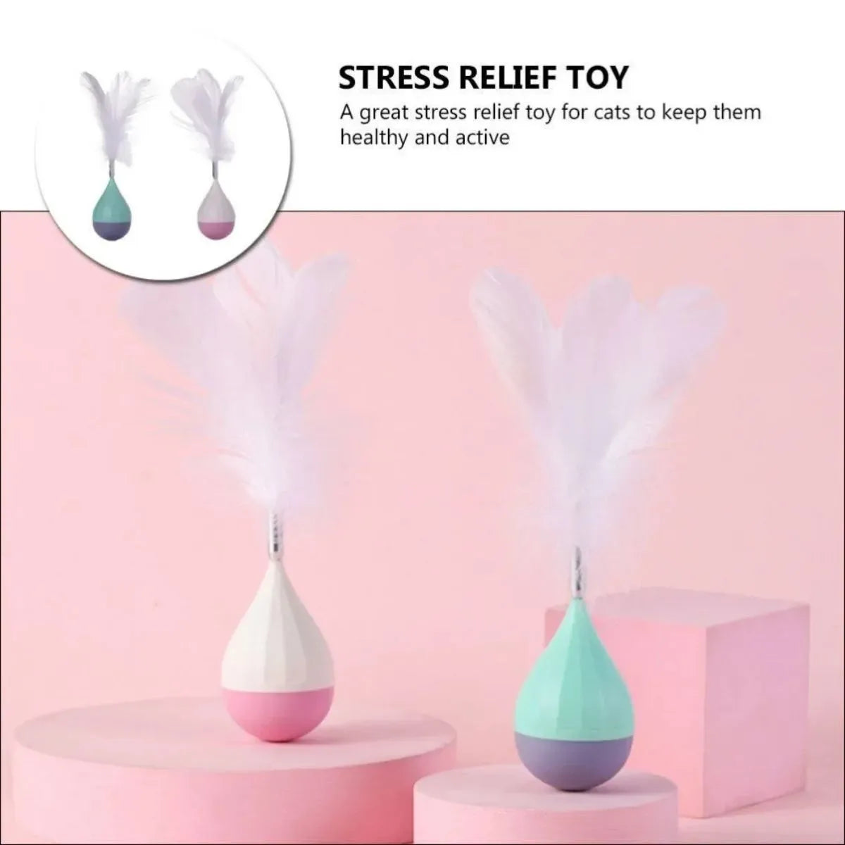 Feather tumbler cat toy showing green colour option with tease stick and goose feather attachment