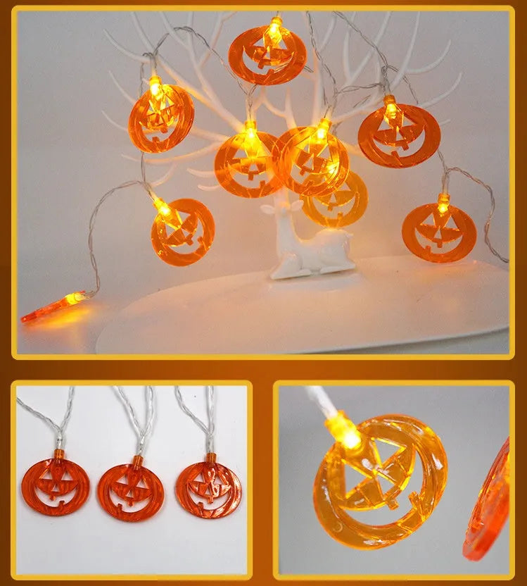 Halloween LED string lights with pumpkin, ghost and bat pendants on 1.2 metre battery-powered cord