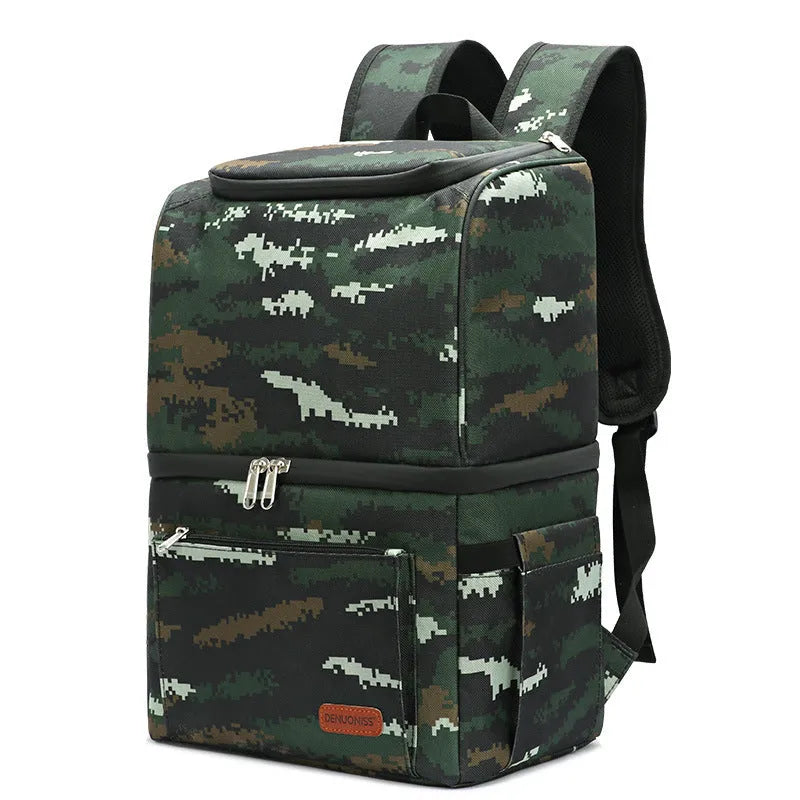 Blue insulated waterproof picnic backpack with 22L capacity and ice pack compartments