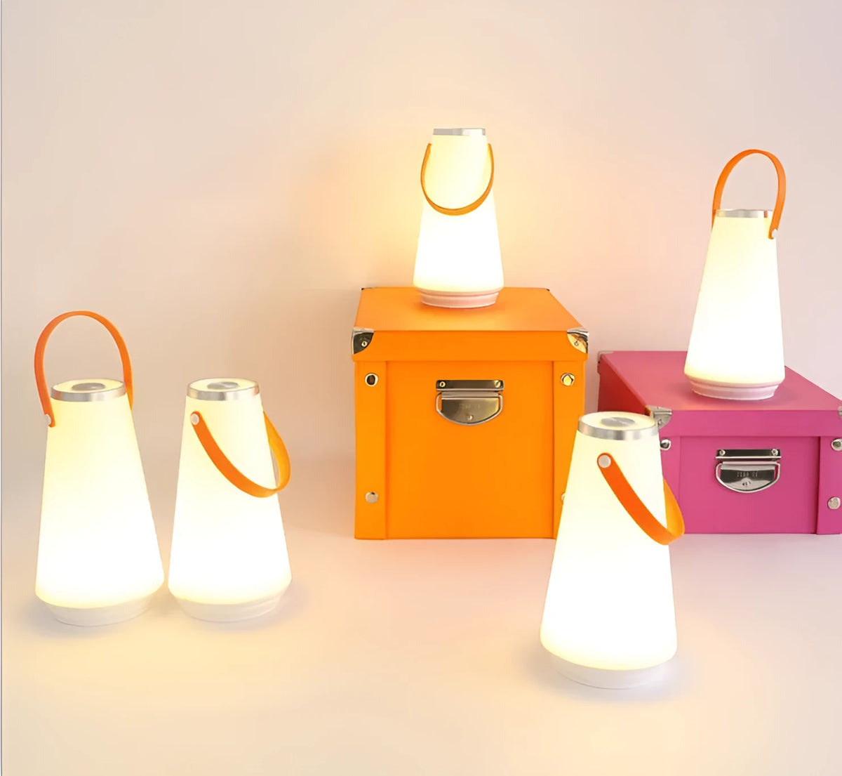 White rechargeable LED table lamp with adjustable warm light settings and USB charging cable