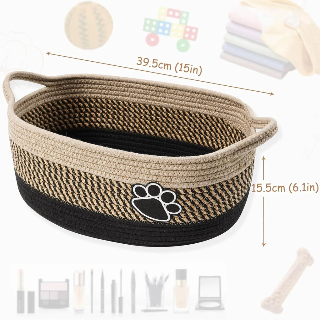 Small light beige handmade woven cotton rope storage basket with wooden handle