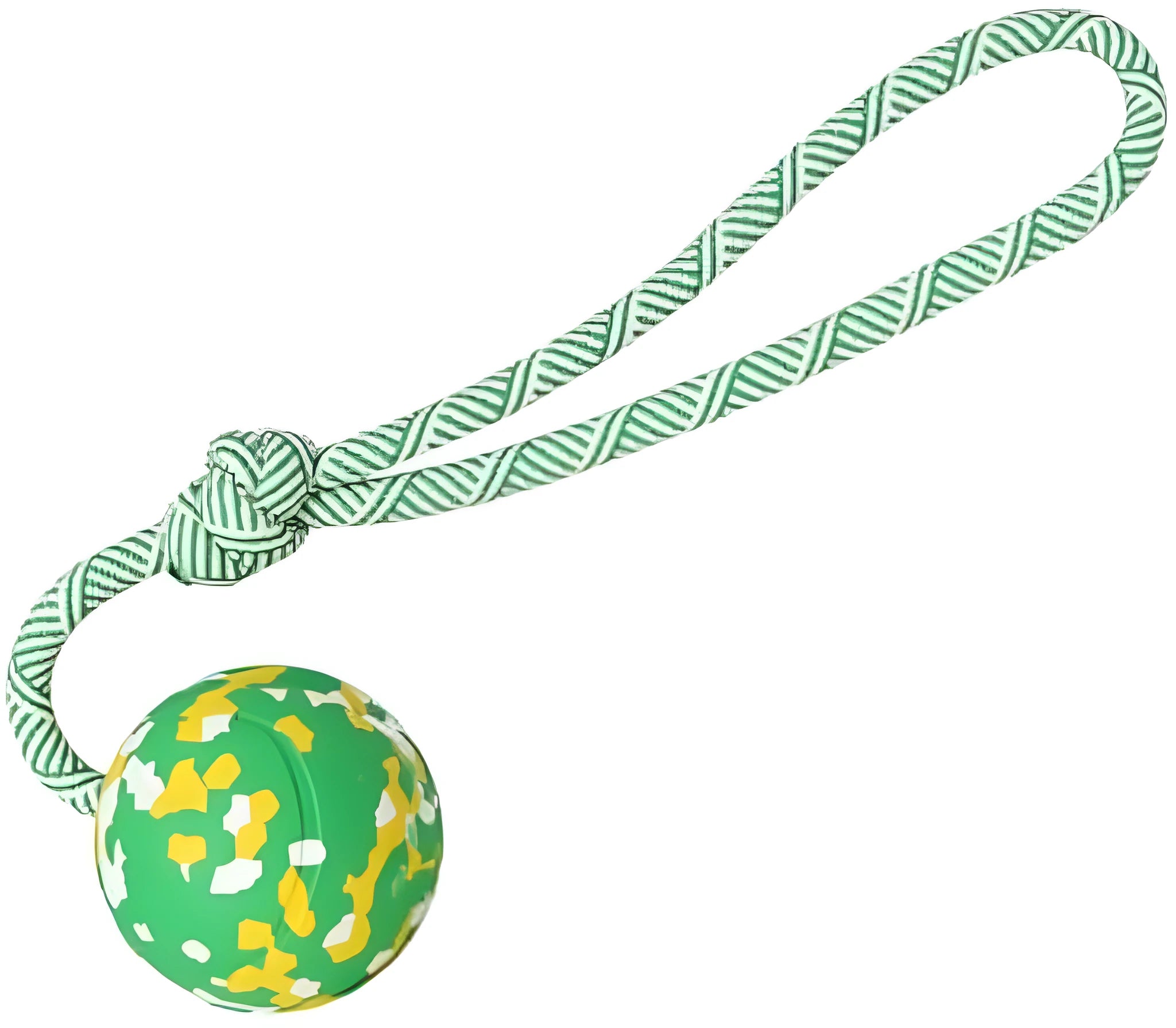 Natural rubber dog ball on a nylon rope for fetch and tug games with a medium dog