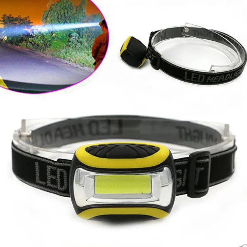 Yellow three-speed COB headlamp with elastic head strap shown from the front.