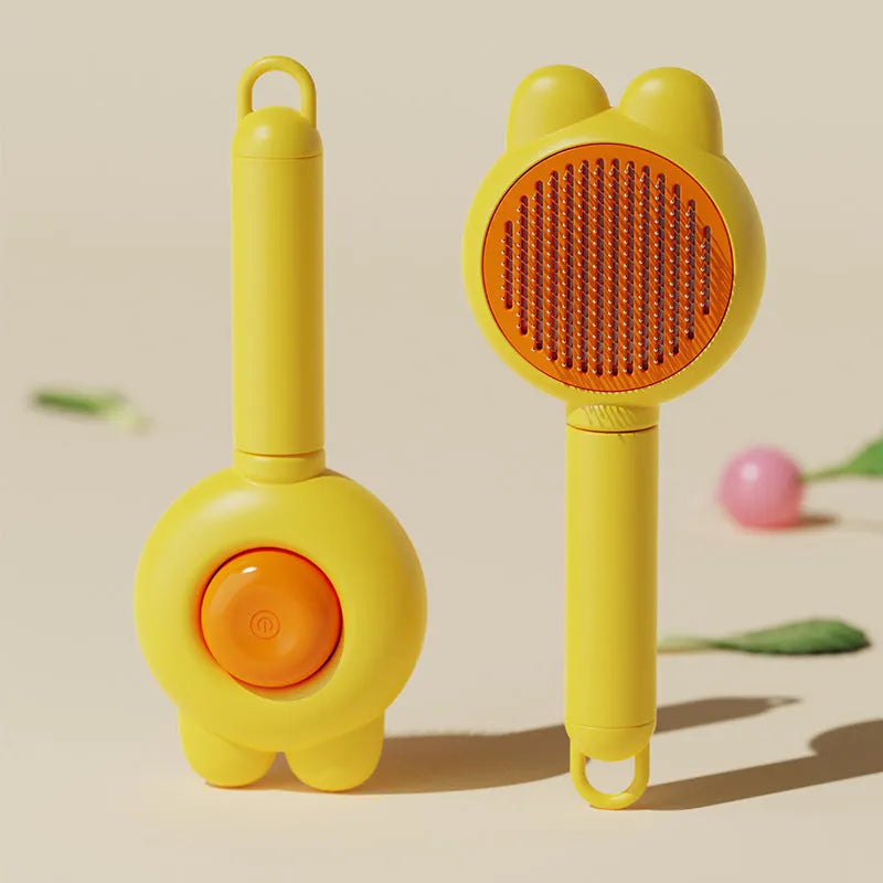Self-cleaning pet grooming brush with release button and metal comb teeth in multiple colour options
