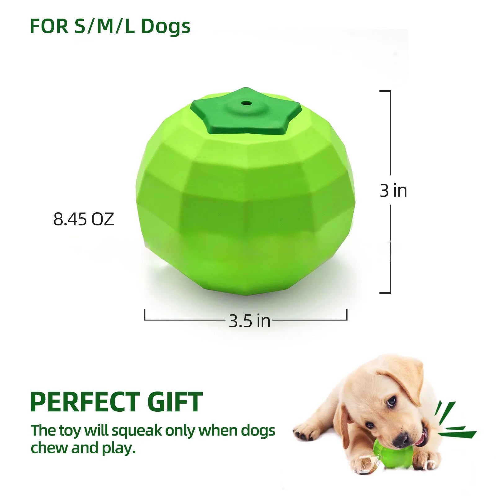 Green natural rubber dog ball with squeaker for large breed aggressive chewers