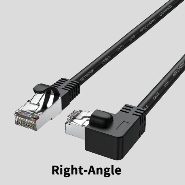 Cat6 Ethernet cable with right-angle metal RJ45 connector in black, shown alongside length and colour options.