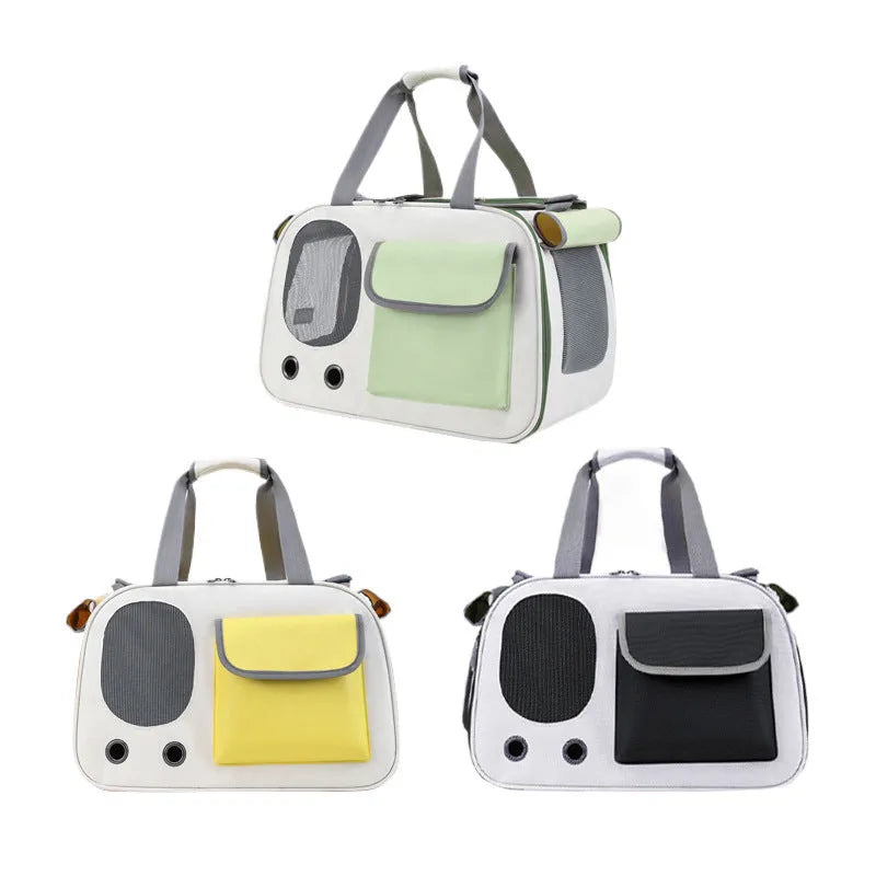 Yellow foldable canvas pet carrier backpack shown from the side.