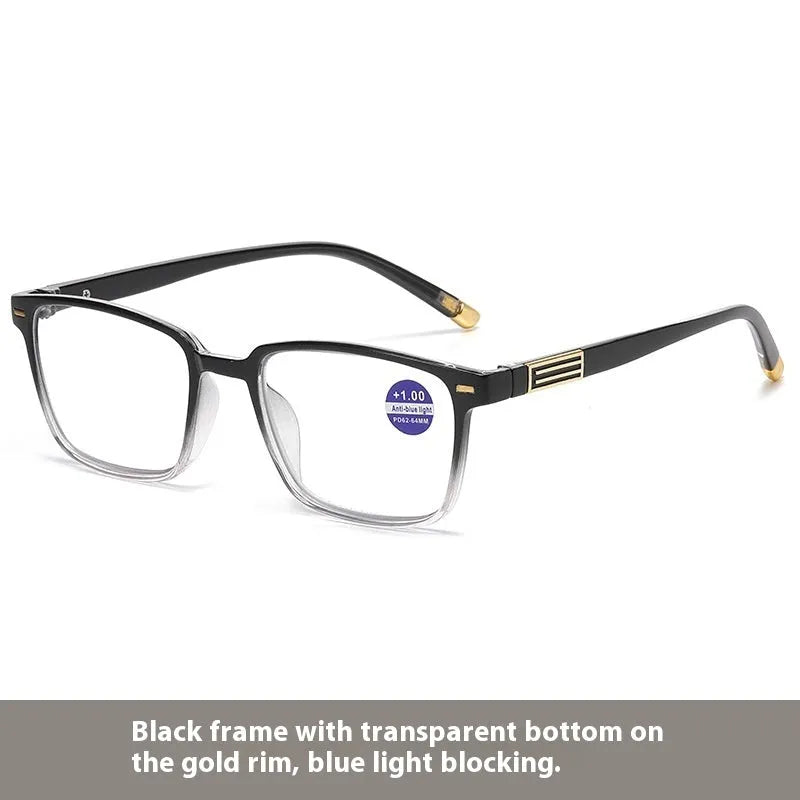 Multifocal reading glasses with anti blue light and colour-changing lenses in various frame colours