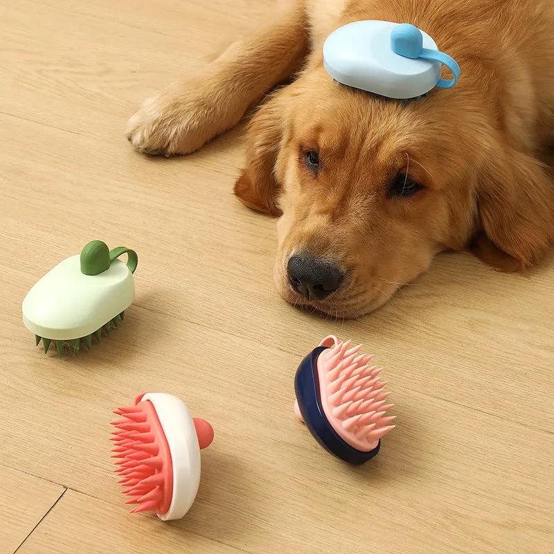 Handheld silicone pet grooming brush for dogs in dark blue, green, light blue, or white colour options