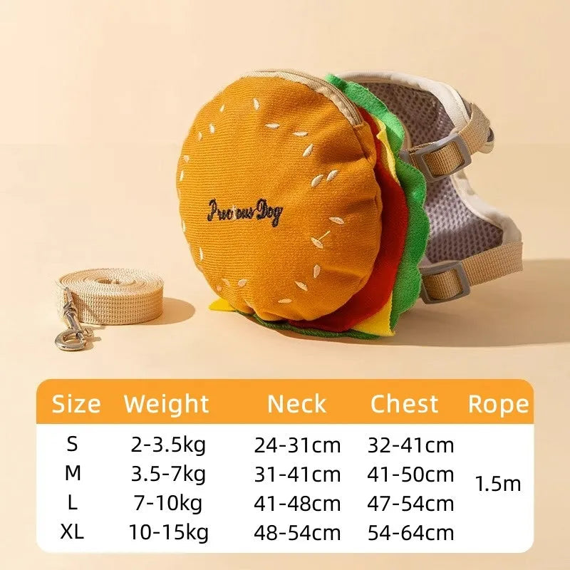 Cartoon hamburger design adjustable vest leash harness for a dog on a walk.
