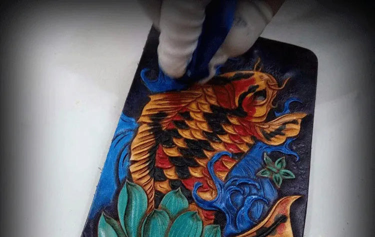 Men's hand-carved cow leather short wallet in red, blue, or gold, showing open design and compact size.