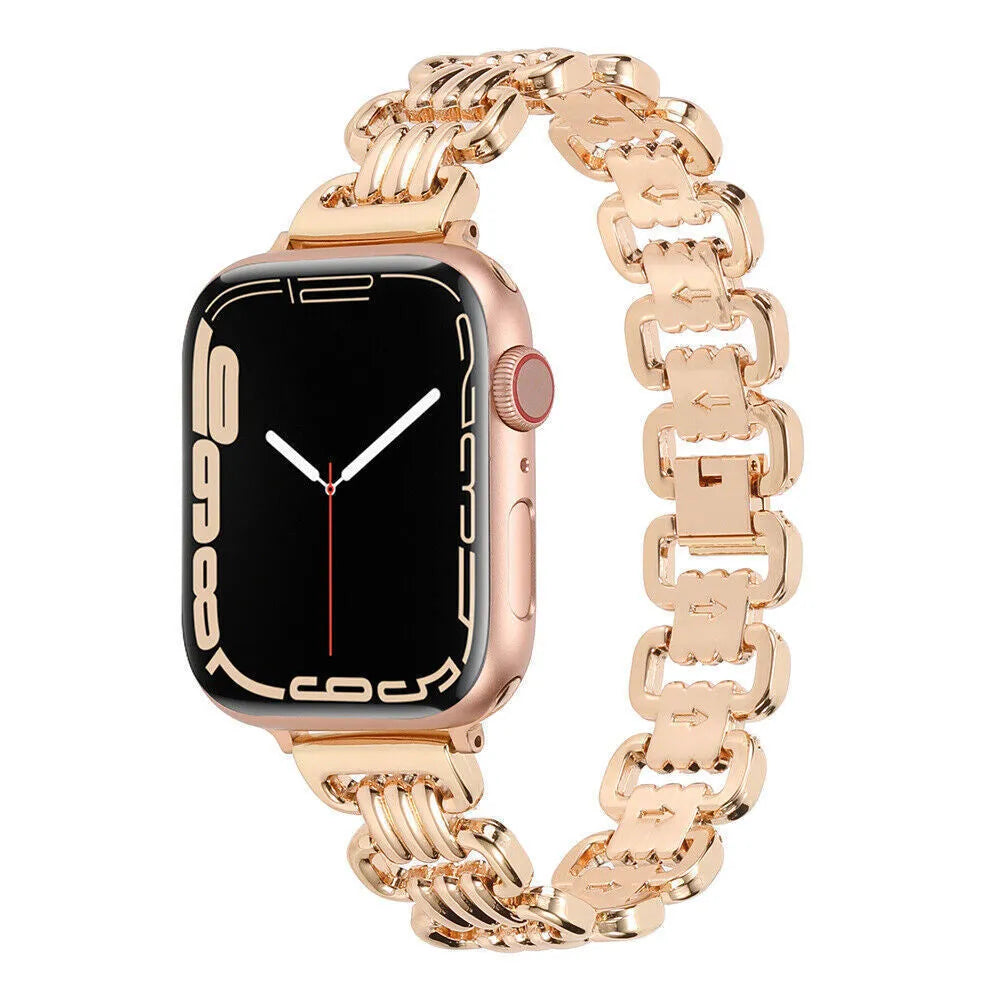 Metal alloy Apple Watch bracelet in silver colour showing band details and connector