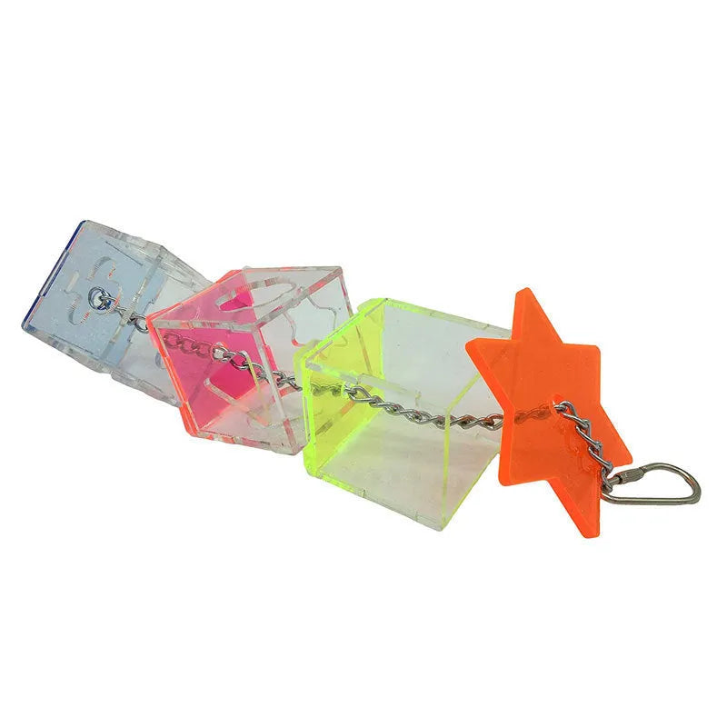 Clear acrylic bird foraging toy measuring 5x5x32cm for parrot enrichment with treats