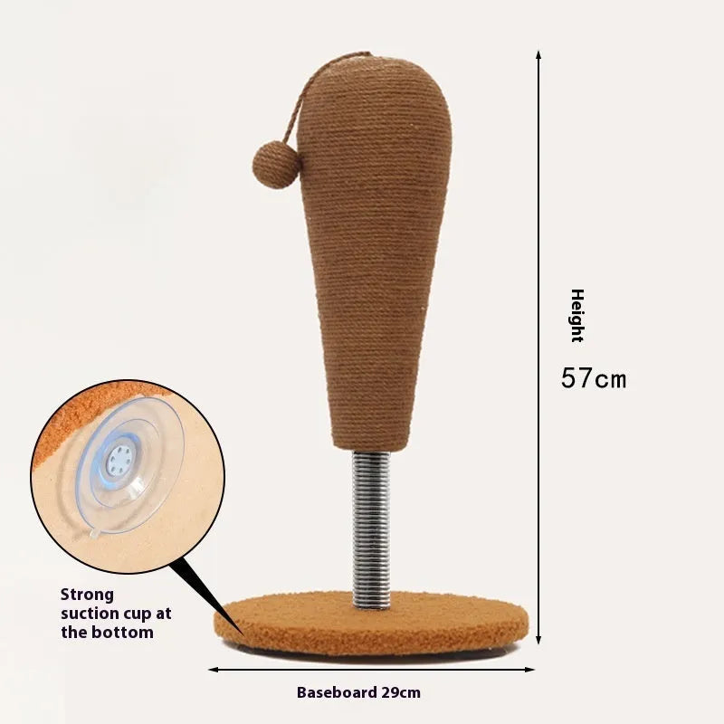 A hemp rope cat scratching board, shown with a choice of cat grasping ball or tumbler accessory.