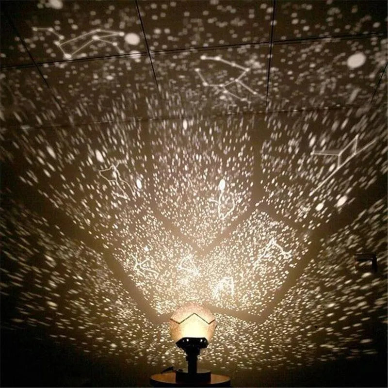 LED starry sky night light projector showing constellation projection on a bedroom ceiling.