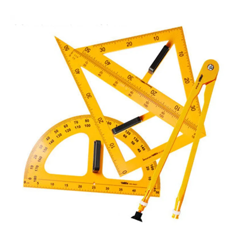 Orange and black mathematics teaching set with triangle rulers, protractor, and chalk compass
