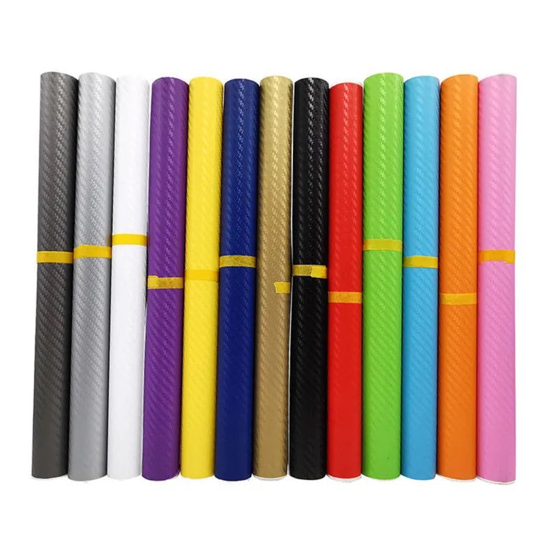 3D carbon fibre car stickers in eight colours including black, silver, blue on 30x127cm sheet