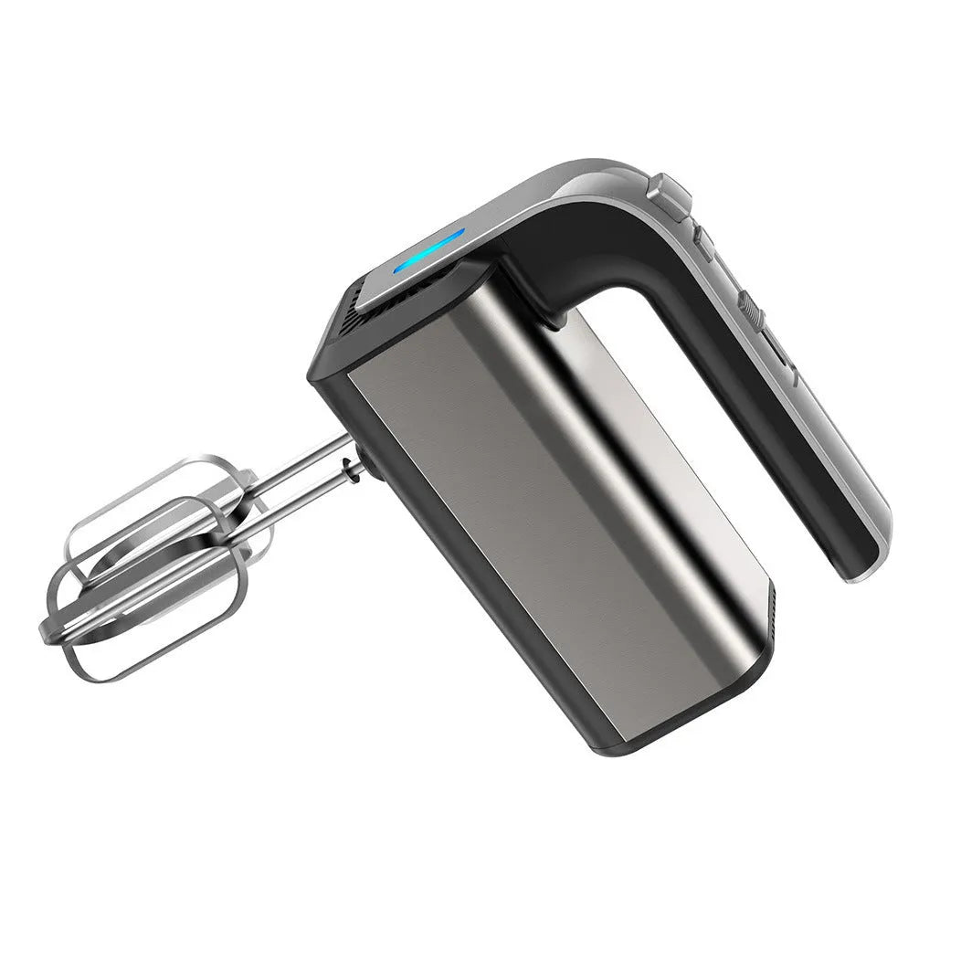 Silver handheld electric kitchen whisk with stainless steel beaters and speed control dial