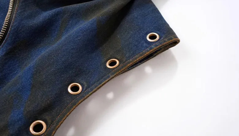 Blue polyester Korean-style hooded denim vest coat outfit with matching trousers on model
