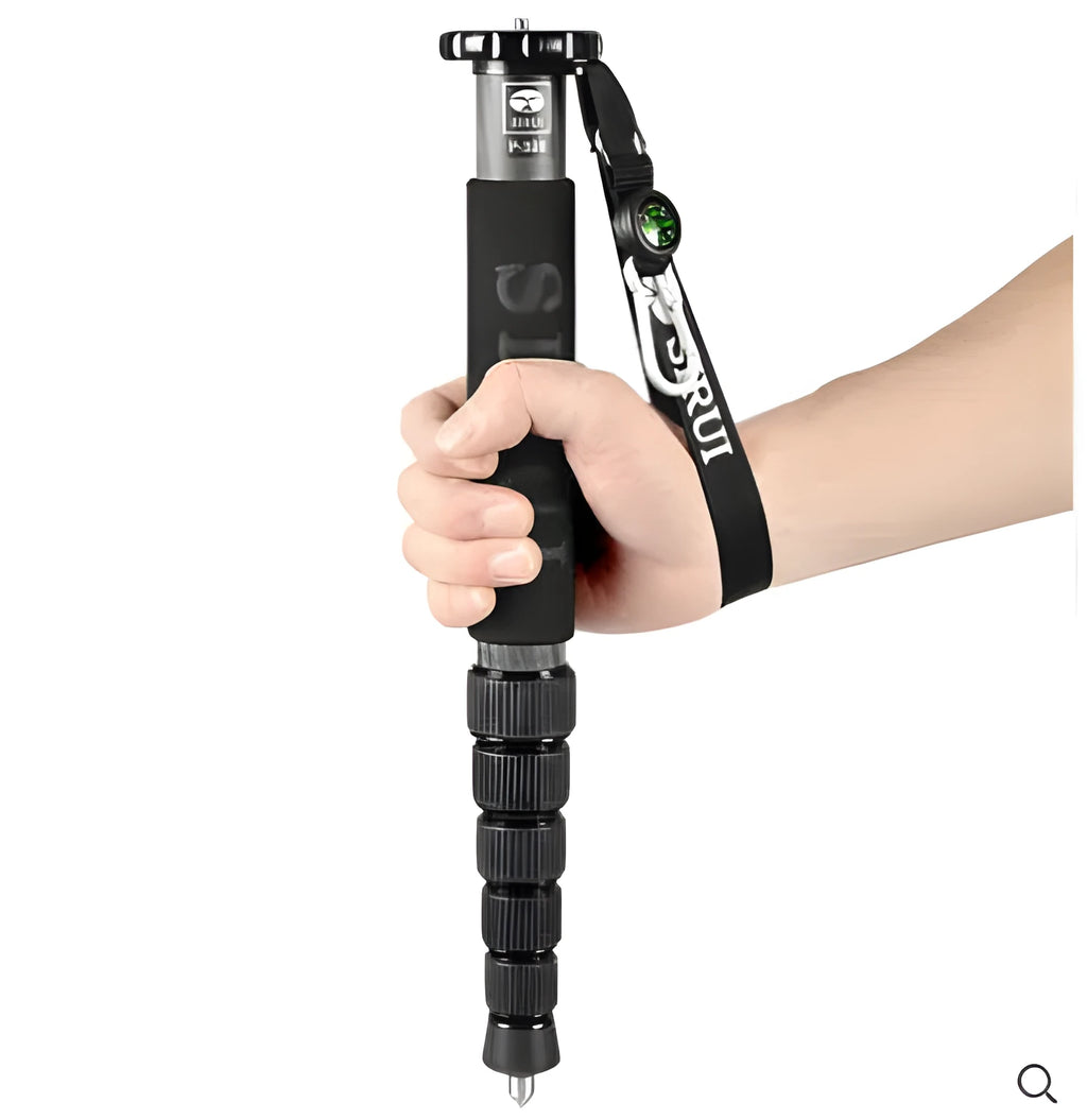 Black carbon fibre SLR camera monopod extended to 1540mm height