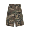 Men's camouflage-colour jeans with patch details, ripped fabric, and a cropped, loose straight-leg fit.