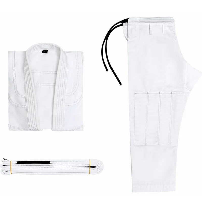 Brazilian jiu jitsu gi set showing cotton blend top and trousers in one of five available colours.